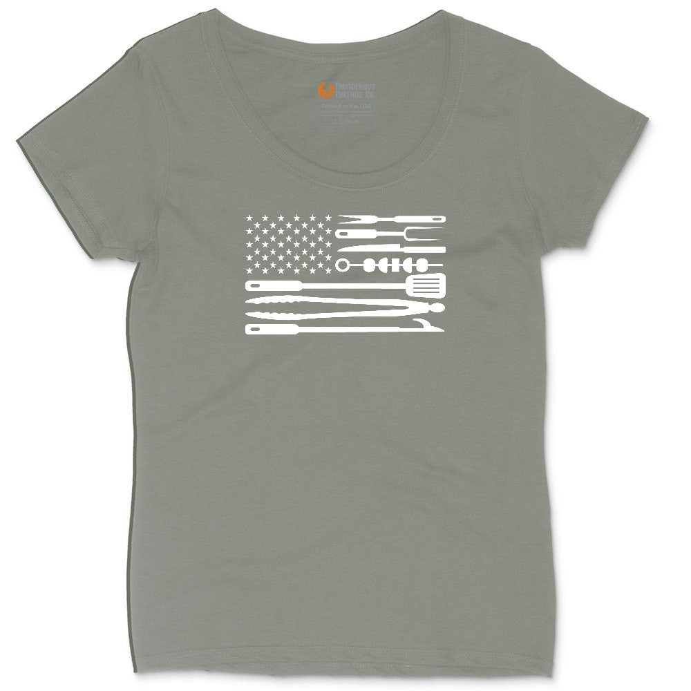 American Flag Barbeque Tools Ladies Curvy Tee - Bamboo Blackout