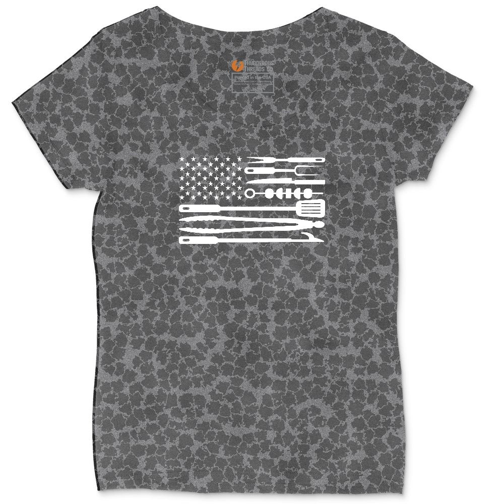 American Flag Barbeque Tools Ladies Curvy Tee - Black Leopard