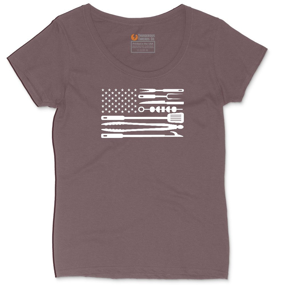 American Flag Barbeque Tools Ladies Curvy Tee - Sangria Blackout