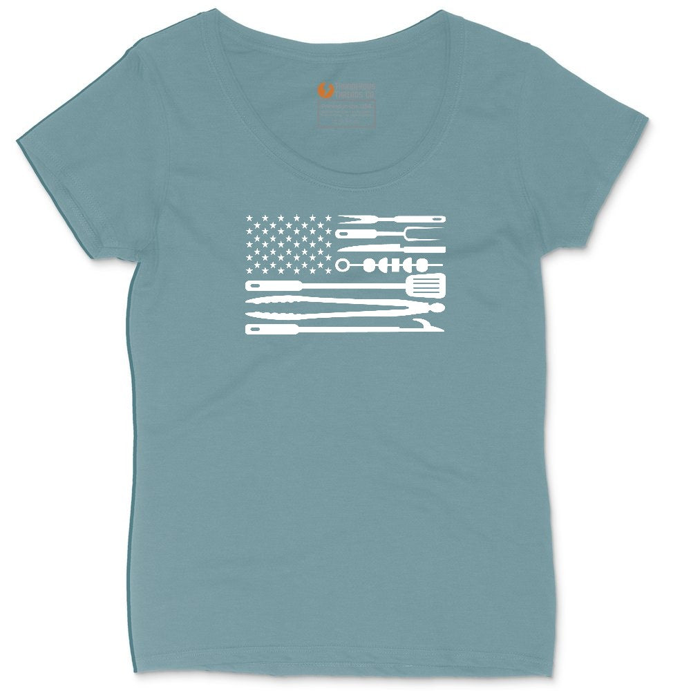 American Flag Barbeque Tools Ladies Curvy Tee - Surf Blackout
