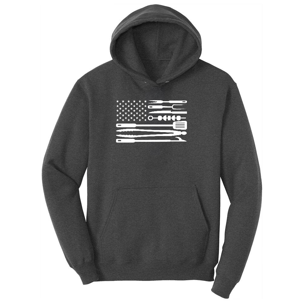 American Flag Barbeque Tools Ladies Hoodie - Dark Heather Grey