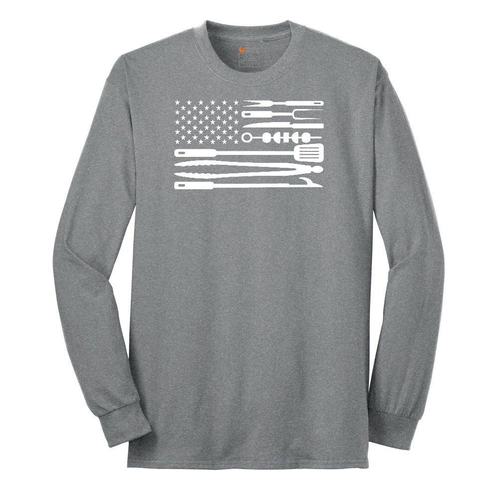 American Flag Barbeque Tools Long Sleeve Tee - Athletic Grey