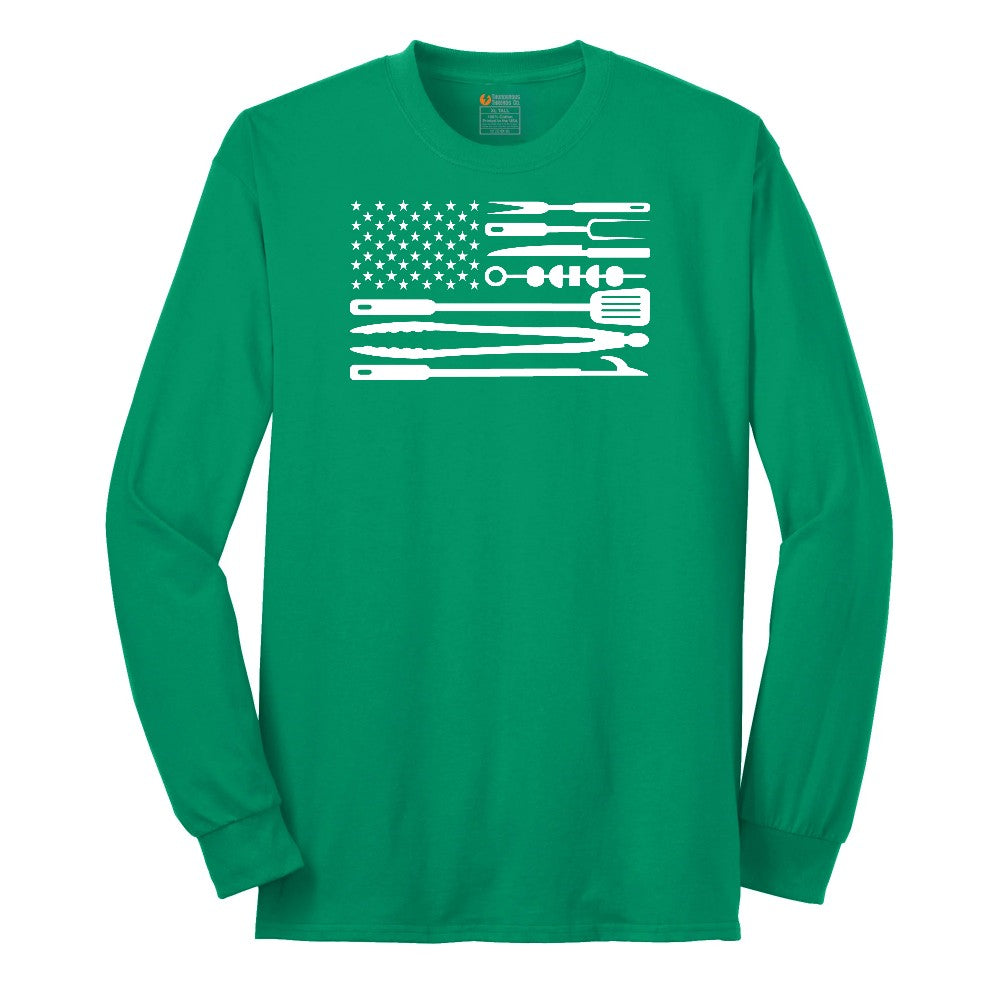 American Flag Barbeque Tools Long Sleeve Tee - Kelly Green