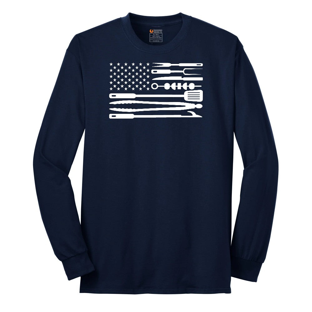 American Flag Barbeque Tools Long Sleeve Tee - Navy