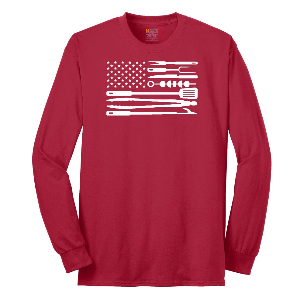American Flag Barbeque Tools Long Sleeve Tee - Red
