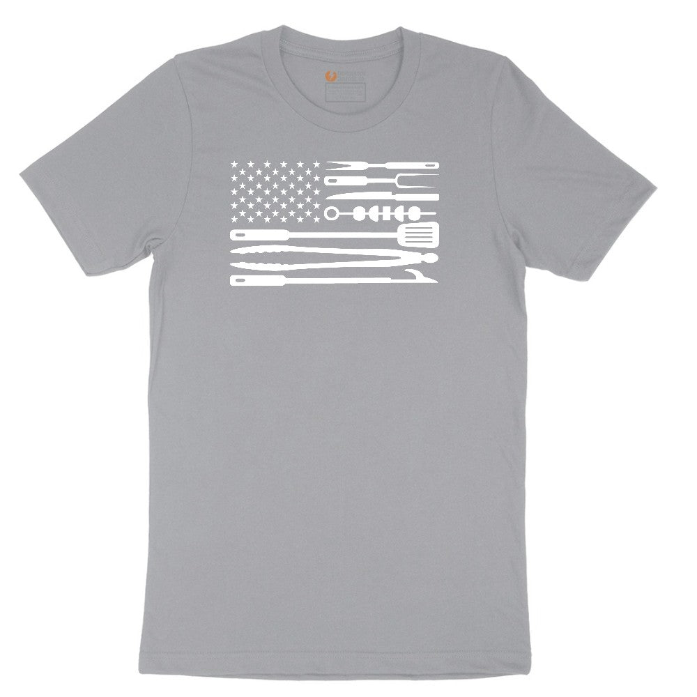 American Flag Barbeque Tools Short Sleeve Tee - Athletic Heather Grey
