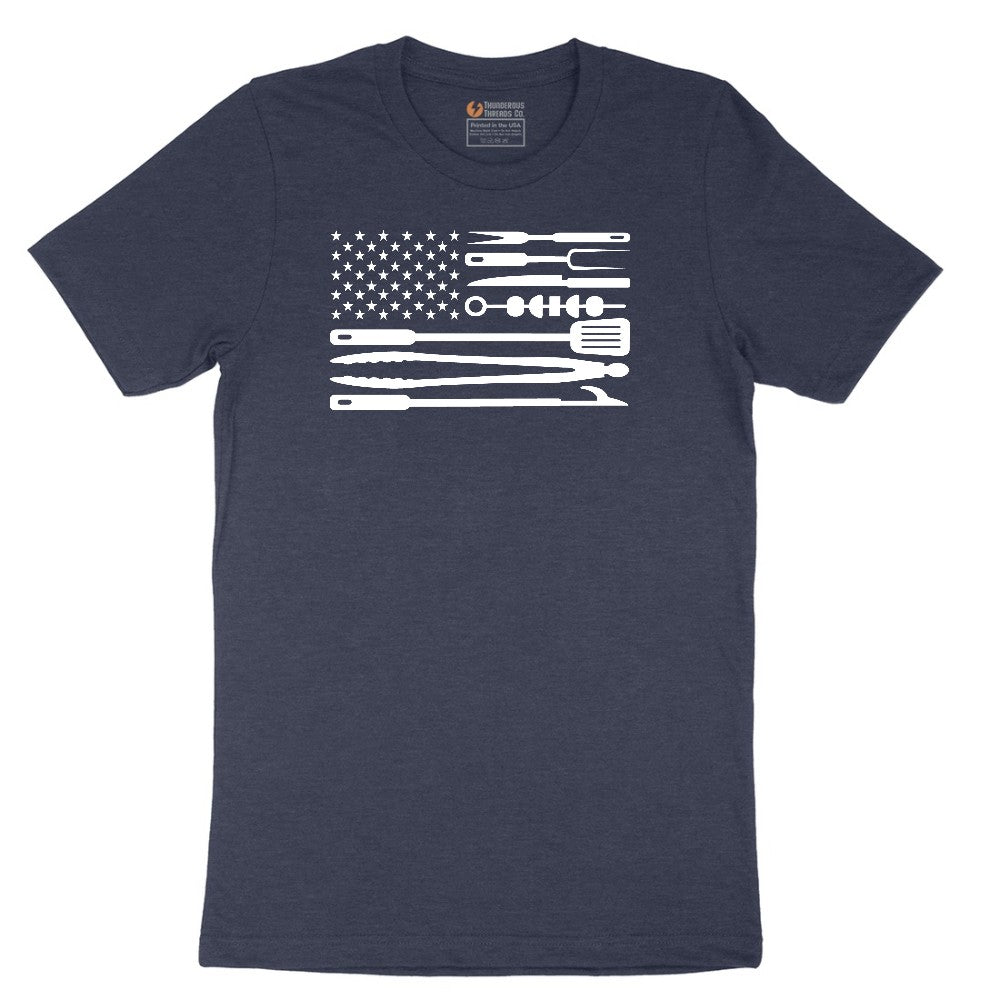 American Flag Barbeque Tools Short Sleeve Tee - Heather Navy