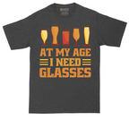 At My Age I Need Glasses tall t-shirt for men in Dark Heather Grey