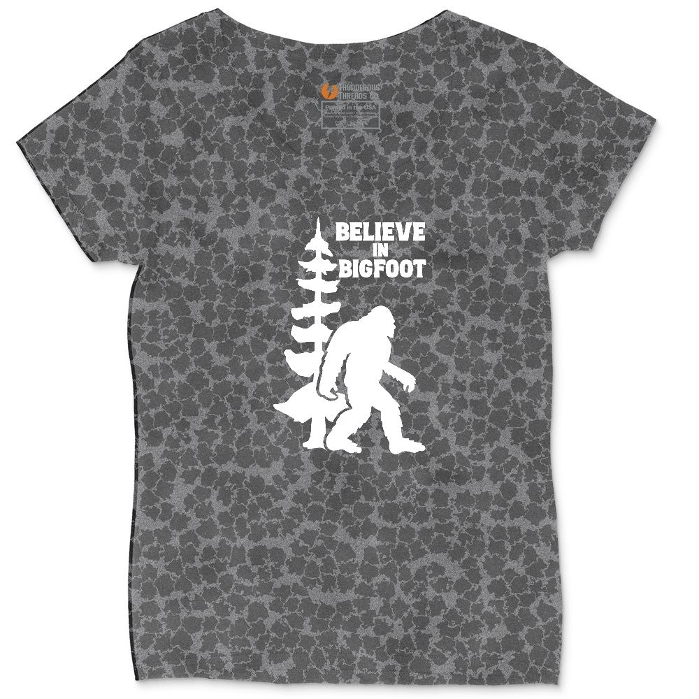 Believe in Bigfoot Ladies Curvy Tee - Black Leopard