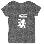 Believe in Bigfoot Ladies Curvy Tee - Black Leopard