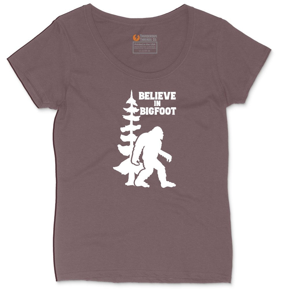 Believe in Bigfoot Ladies Curvy Tee - Sangria Blackout
