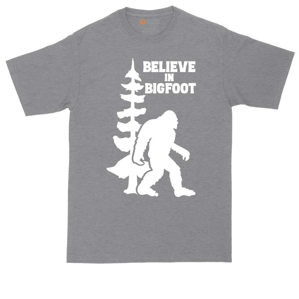 Believe in Bigfoot tall t-shirt for men in Athletic Heather