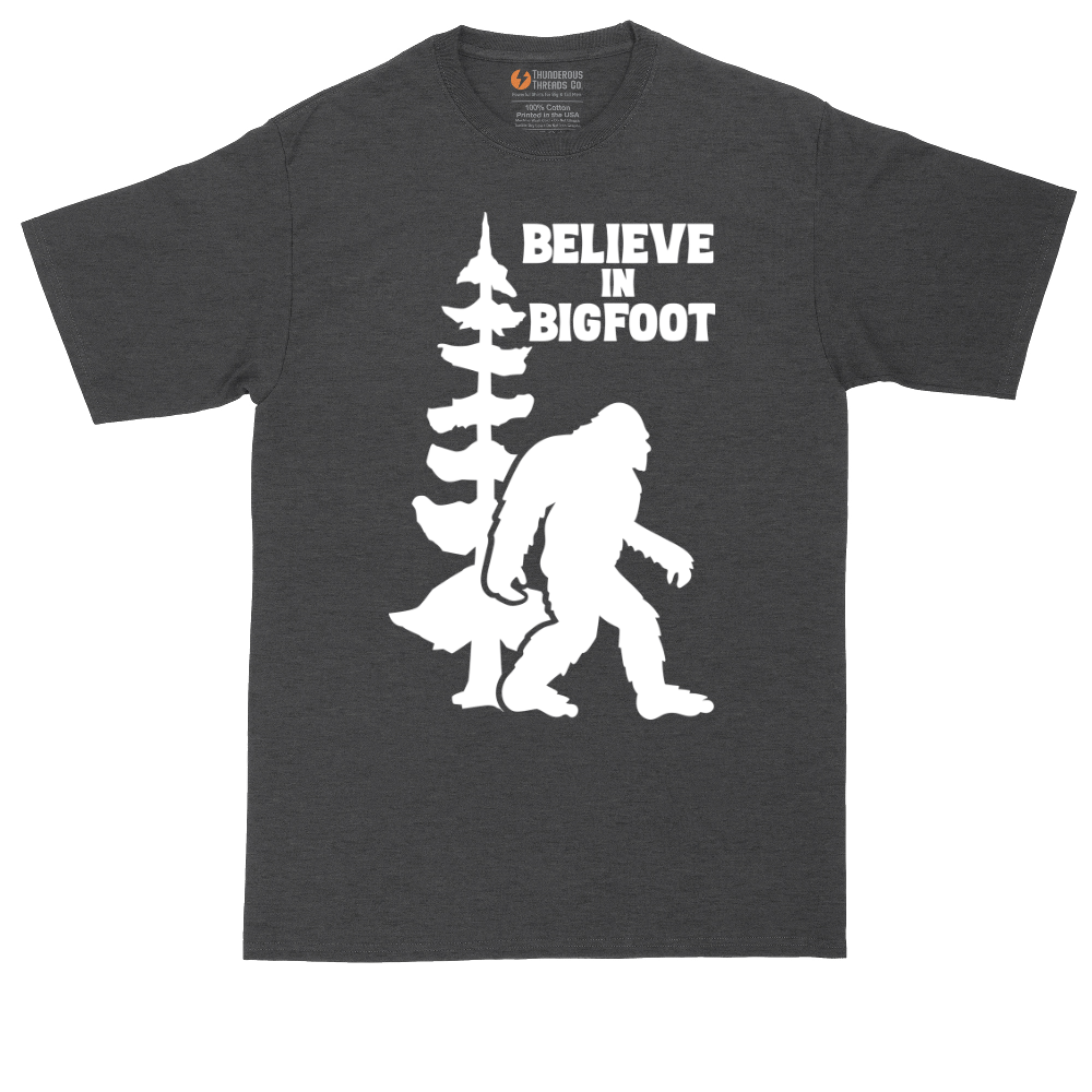 Believe in Bigfoot tall t-shirt for men in Dark Heather Grey