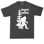 Believe in Bigfoot tall t-shirt for men in Dark Heather Grey