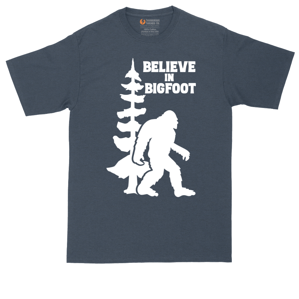 Believe in Bigfoot tall t-shirt for men in Heather Navy