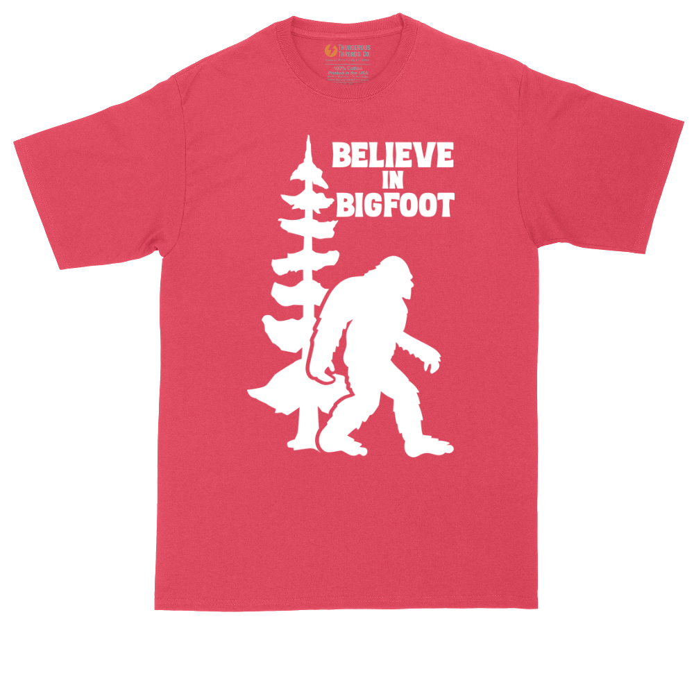 Believe in Bigfoot tall t-shirt for men in Heather Red