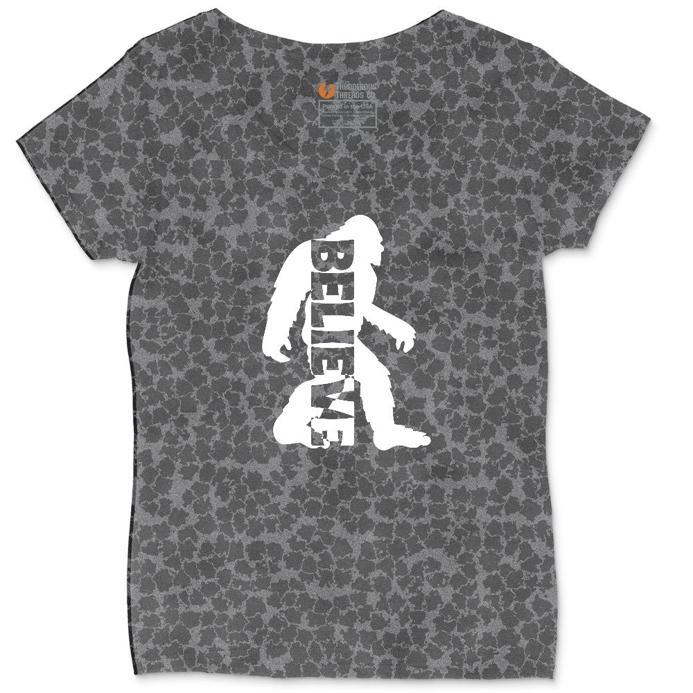 Bigfoot Believe Ladies Curvy Tee - Black Leopard