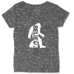 Bigfoot Believe Ladies Curvy Tee - Black Leopard