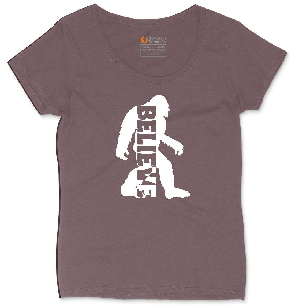 Bigfoot Believe Ladies Curvy Tee - Sangria Blackout