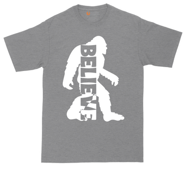 Bigfoot Believe tall t-shirt for men in Dark Heather Grey