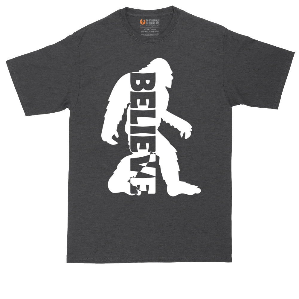 Bigfoot Believe tall t-shirt for men in Dark Heather Grey