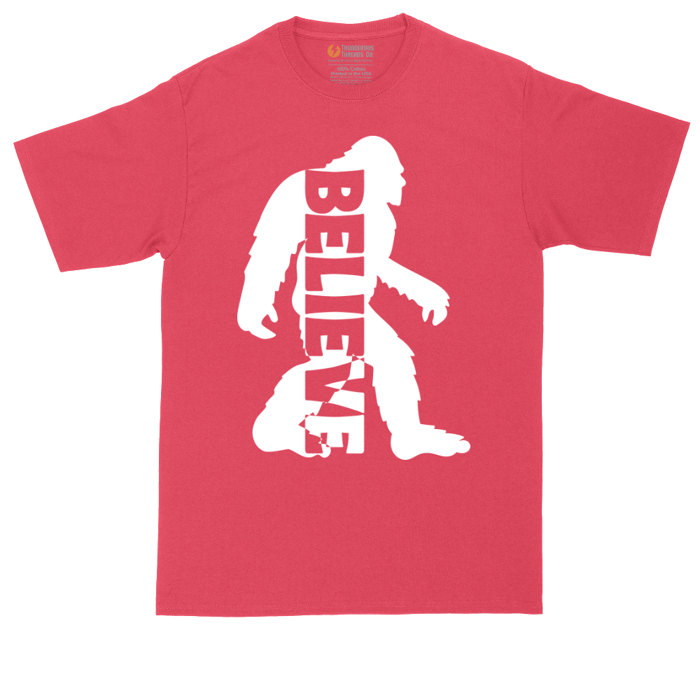 Bigfoot Believe tall t-shirt for men in Heather Red