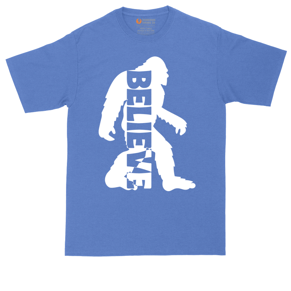 Bigfoot Believe tall t-shirt for men in Heather Royal