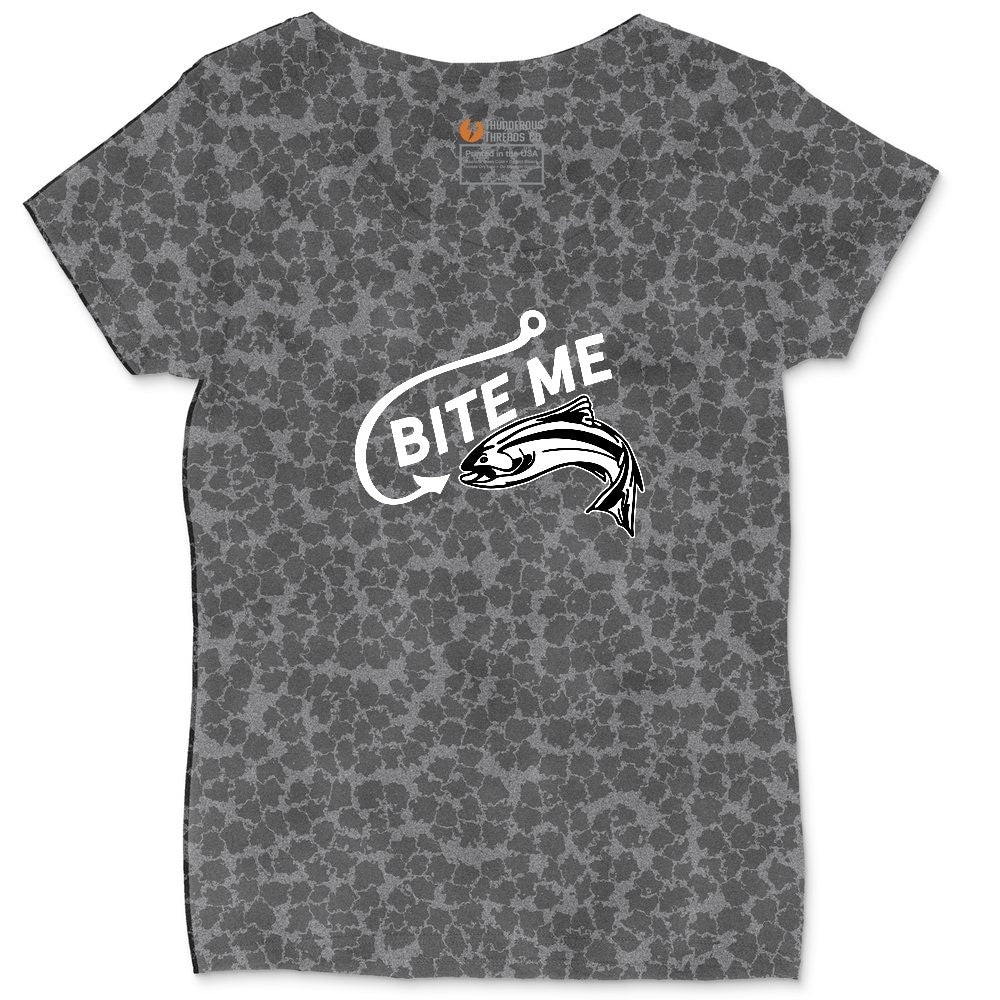 Bite Me Fish Design Ladies Curvy Tee - Black Leopard