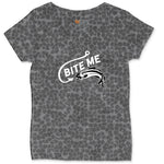 Bite Me Fish Design Ladies Curvy Tee - Black Leopard