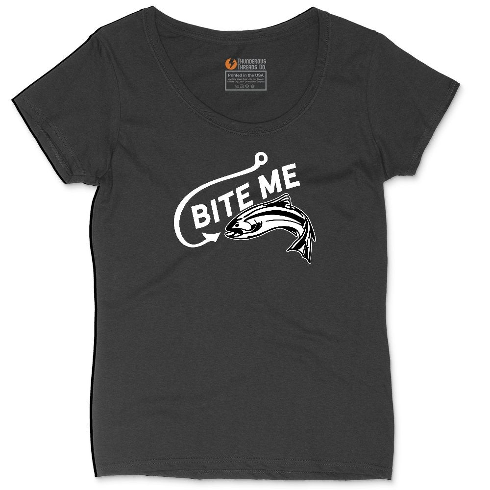 Bite Me Fish Design Ladies Curvy Tee - Black