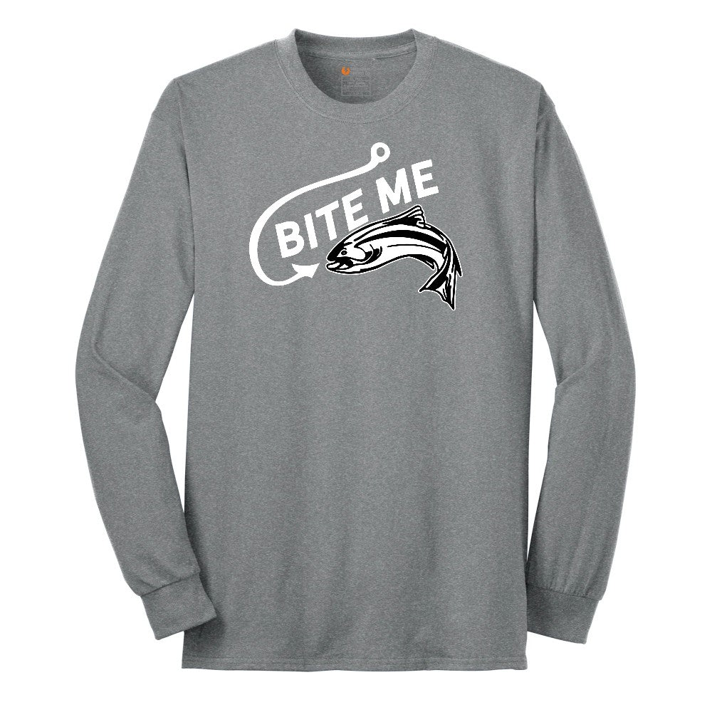 Bite Me Fish Design Long Sleeve Tee - Athletic Grey