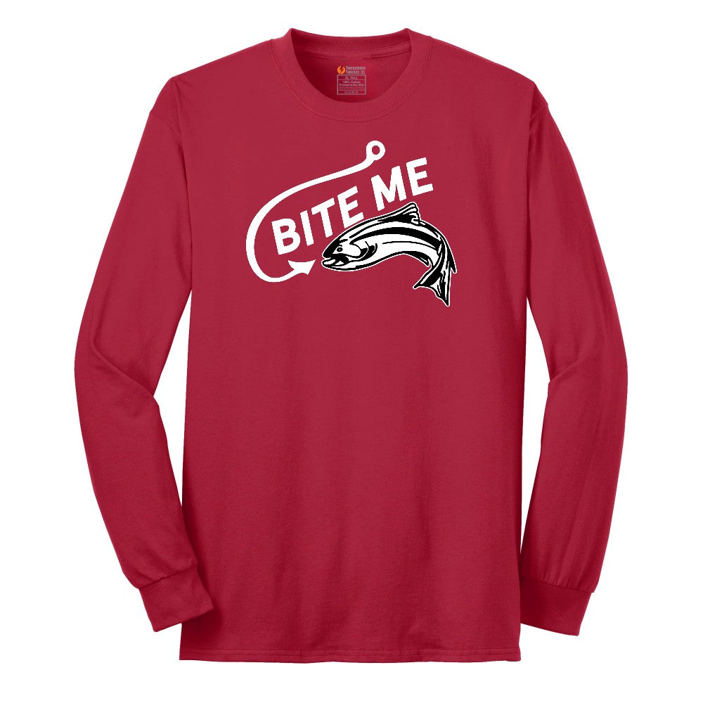 Bite Me Fish Design Long Sleeve Tee - Red