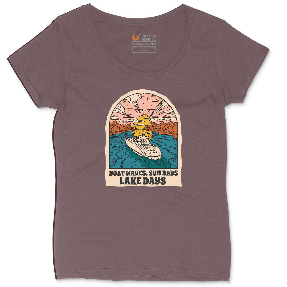 Boat Waves Sun Rays Lake Days Ladies Curvy Tee - Sangria Blackout