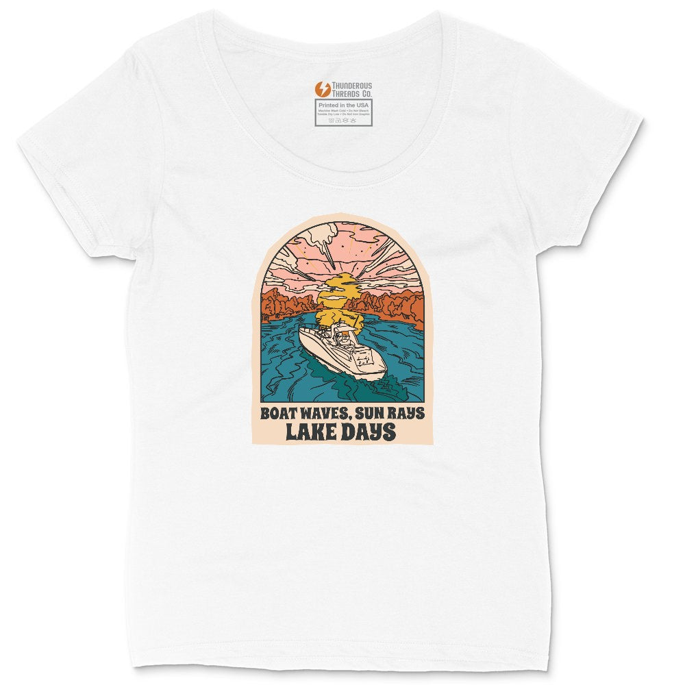 Boat Waves Sun Rays Lake Days Ladies Curvy Tee - White