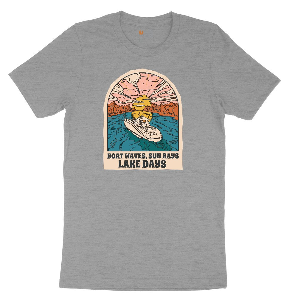 Boat Waves Sun Rays Lake Days Ladies Short Sleeve Tee - Granite Heather