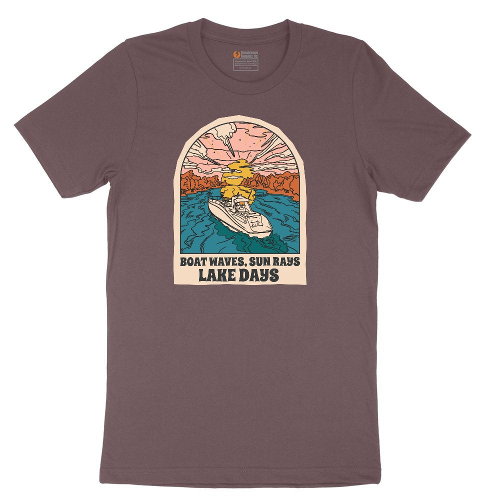 Boat Waves Sun Rays Lake Days Ladies Short Sleeve Tee - Sangria Blackout