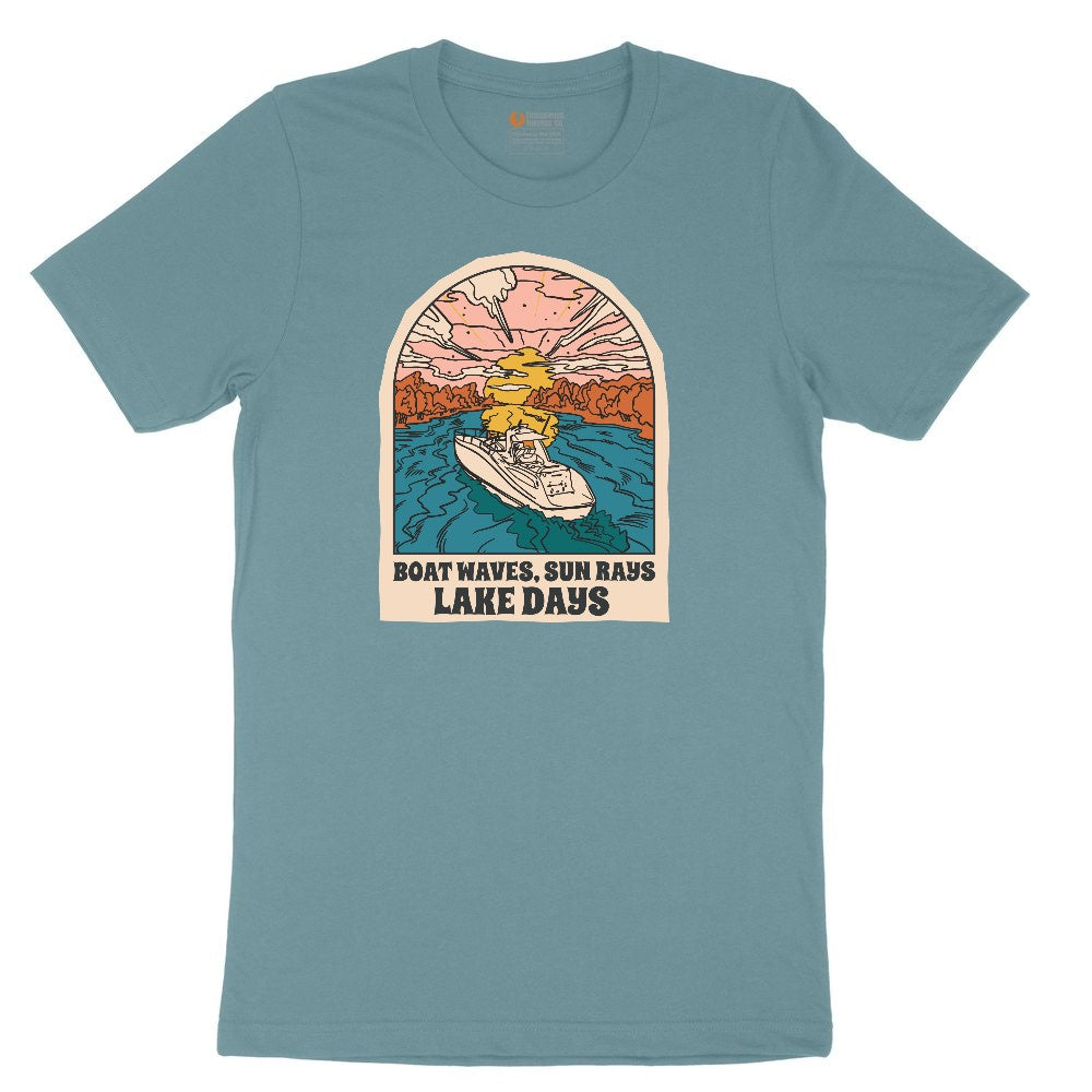 Boat Waves Sun Rays Lake Days Ladies Short Sleeve Tee - Surf Blackout