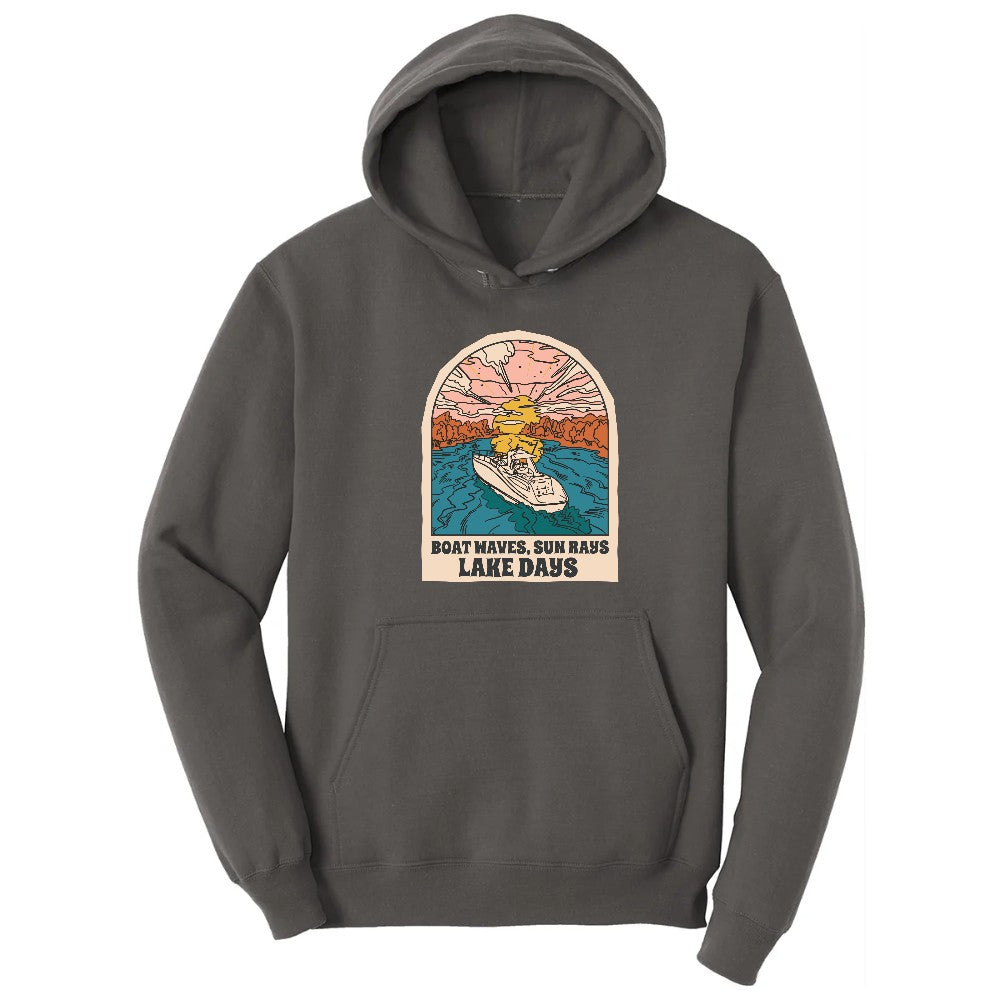 Boat Waves Sun Rays Lake Days Hoodie - Charcoal
