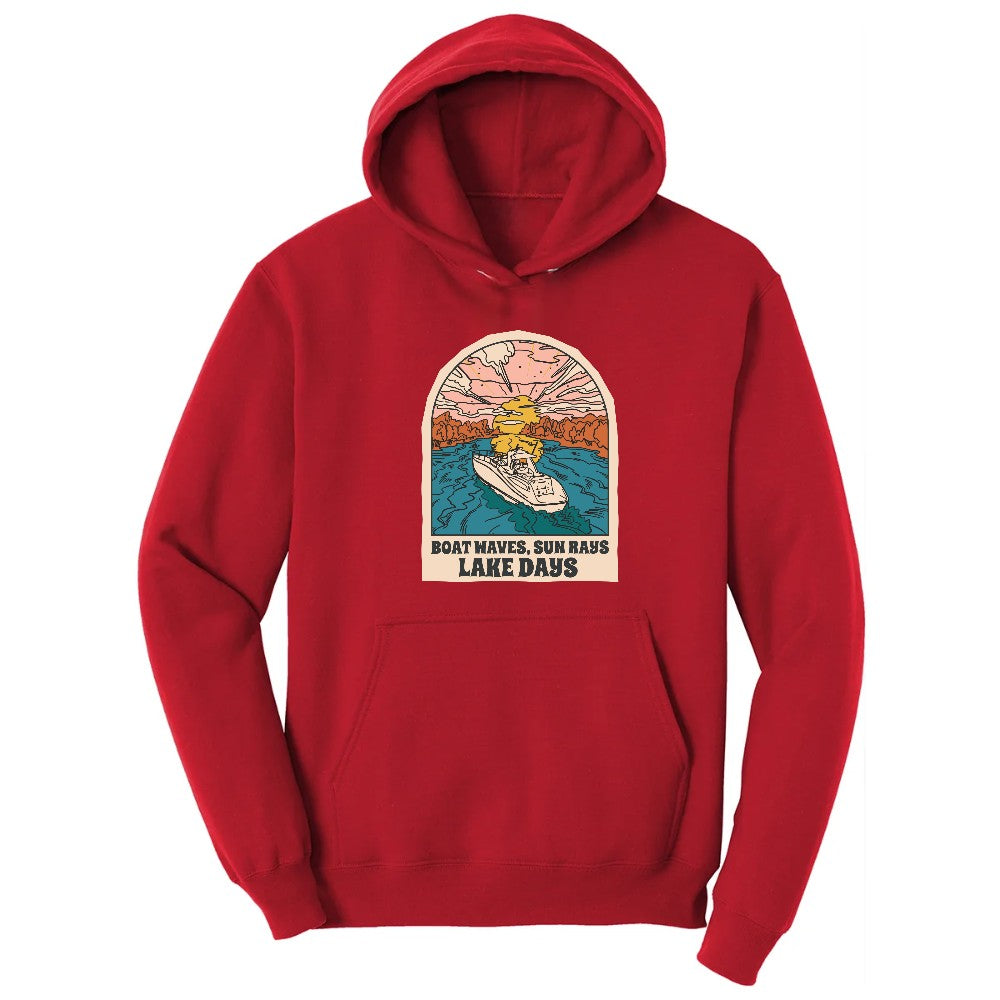 Boat Waves Sun Rays Lake Days Hoodie - Red