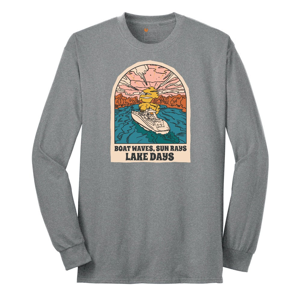 Boat Waves Sun Rays Lake Days Long Sleeve Tee - Athletic Grey
