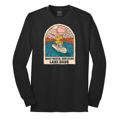 Boat Waves Sun Rays Lake Days Long Sleeve Tee - Jet Black