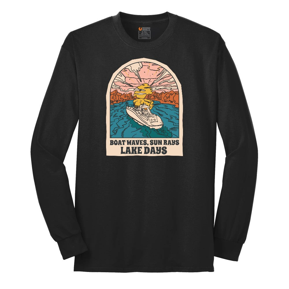 Boat Waves Sun Rays Lake Days Long Sleeve Tee - Jet Black