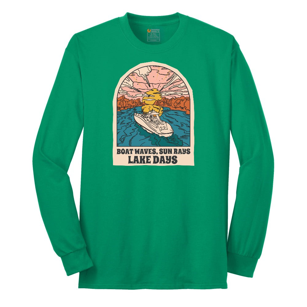 Boat Waves Sun Rays Lake Days Long Sleeve Tee - Kelly Green