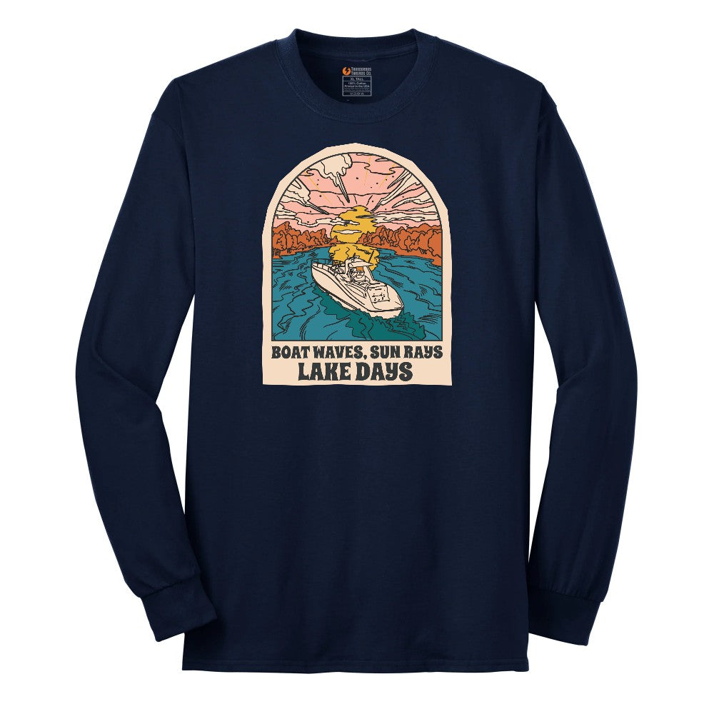 Boat Waves Sun Rays Lake Days Long Sleeve Tee - Navy