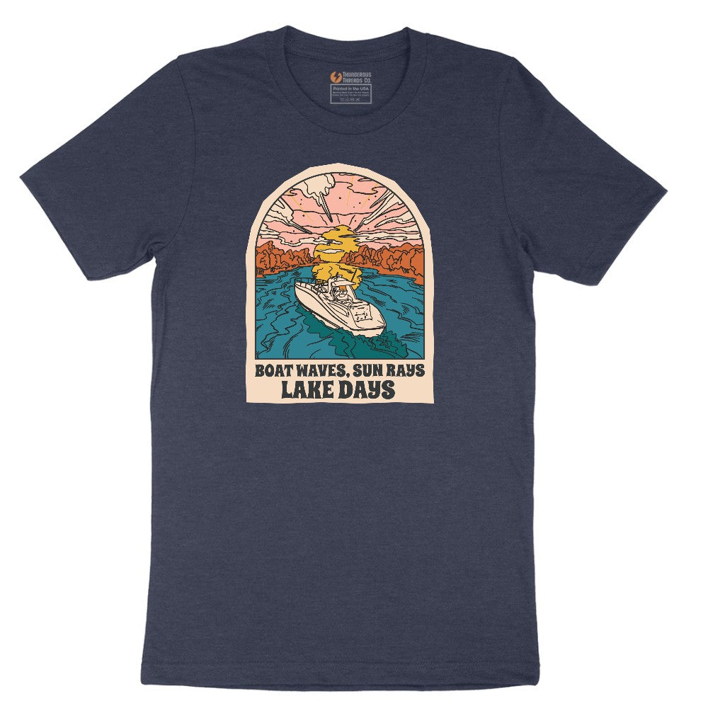 Boat Waves Sun Rays Lake Days Short Sleeve Tee - Heather Navy