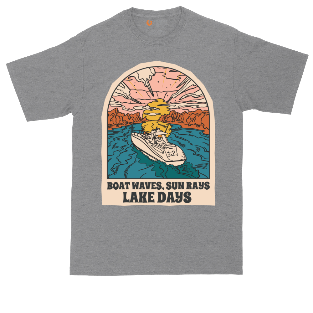 Boat Waves Sun Rays Lake Days tall t-shirt for men in Athletic Heather