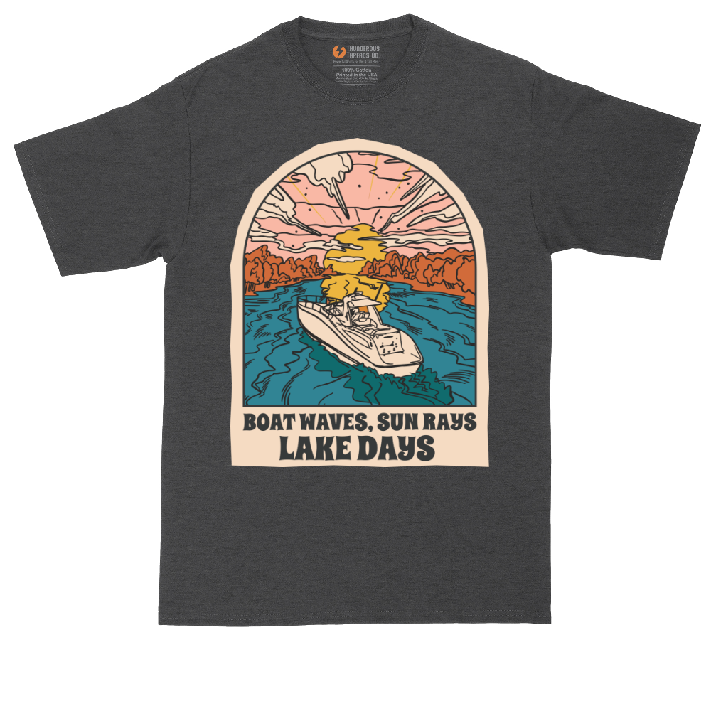 Boat Waves Sun Rays Lake Days tall t-shirt for men in Dark Heather Grey