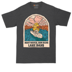 Boat Waves Sun Rays Lake Days tall t-shirt for men in Dark Heather Grey