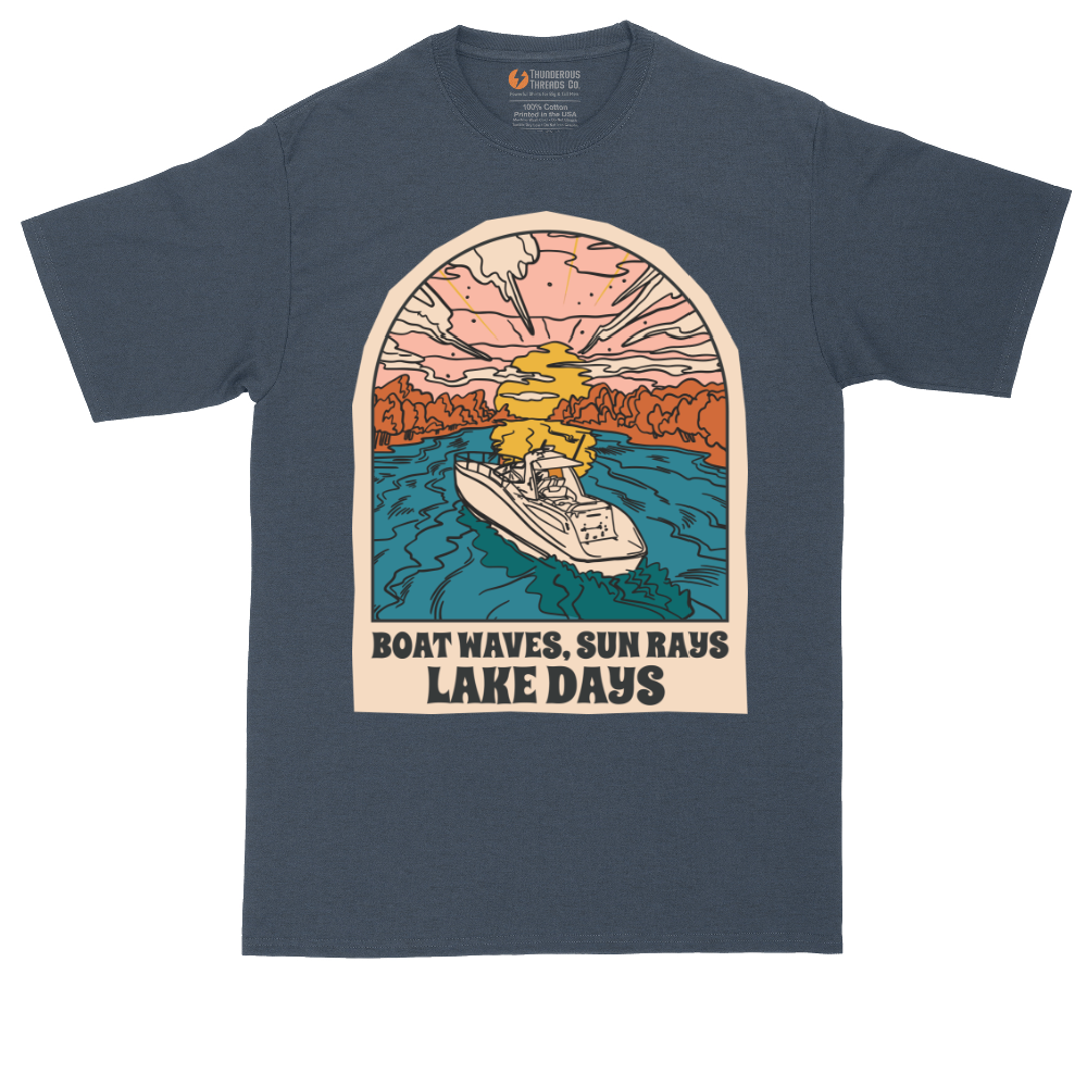 Boat Waves Sun Rays Lake Days tall t-shirt for men in Heather Navy