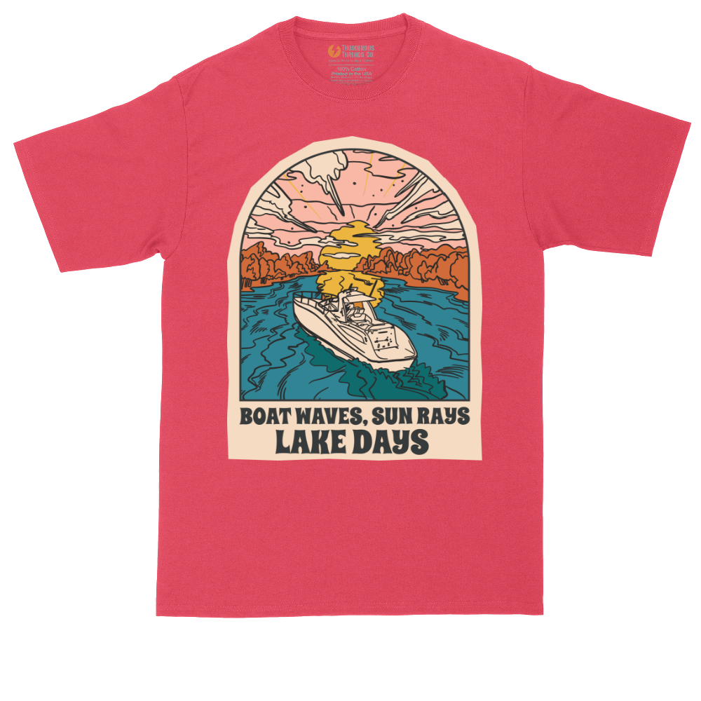 Boat Waves Sun Rays Lake Days tall t-shirt for men in Heather Red